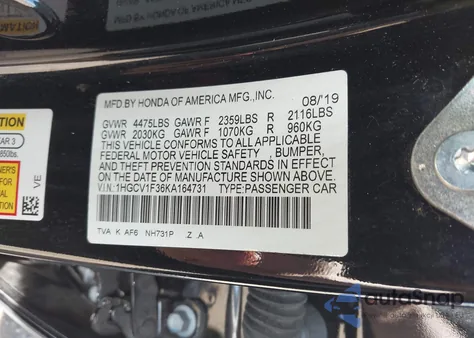 2019 Honda Accord Sport из США, поврежденный, VIN 1HGCV1F36KA164731